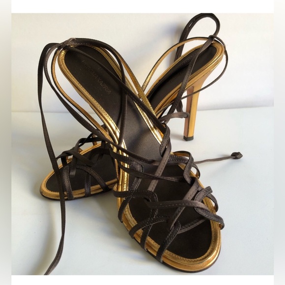 BCBGMaxAzaria $185 Mifle Strappy Open Toe Lace Up Heels Brown/Gold - Sz 8 - Picture 9 of 10